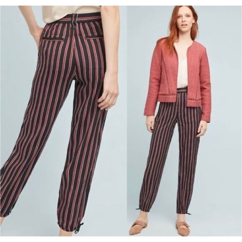 ANTHROPOLOGIE Striped Silky Tie Joggers in Black/Red sz small